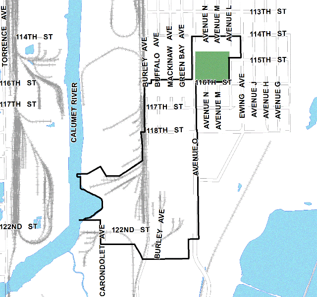 116th/Avenue "O" TIF district map, roughly bounded on the north by 114th Street, 122nd Street on the south, Ewing Avenue on the east, and the Calumet River on the west. 